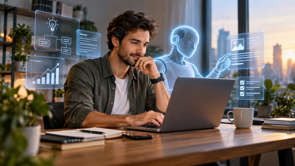 Freelancer using artificial intelligence tools while working on a laptop